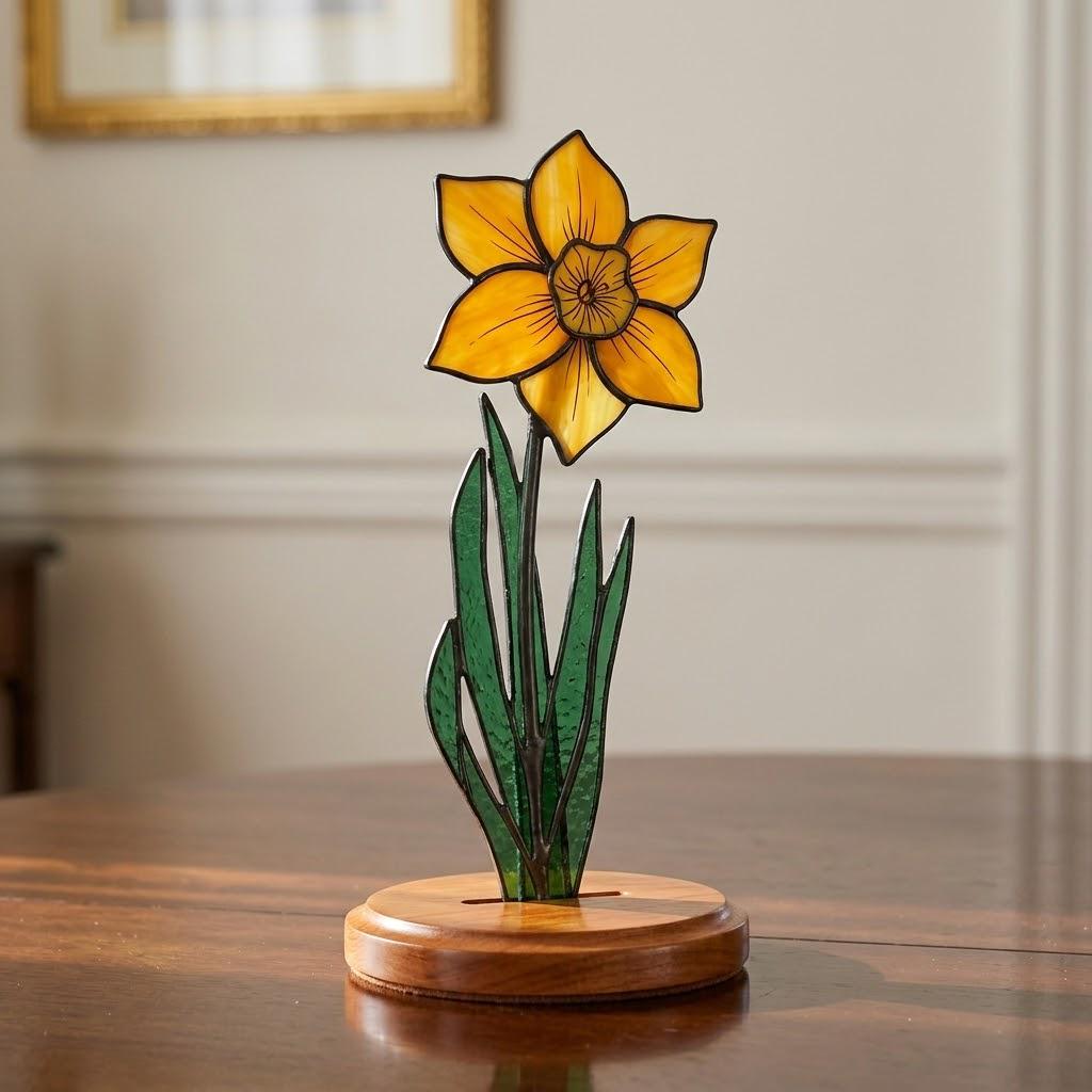 Handmade stained glass yellow daffodil flower plant stake on solid wood base, spring botanical desk decor and personalized March birth month gift for mom.