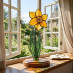 Handmade stained glass yellow daffodil flower plant stake on solid wood base, spring botanical desk decor and personalized March birth month gift for mom.