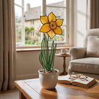 Handmade stained glass yellow daffodil flower plant stake on solid wood base, spring botanical desk decor and personalized March birth month gift for mom.