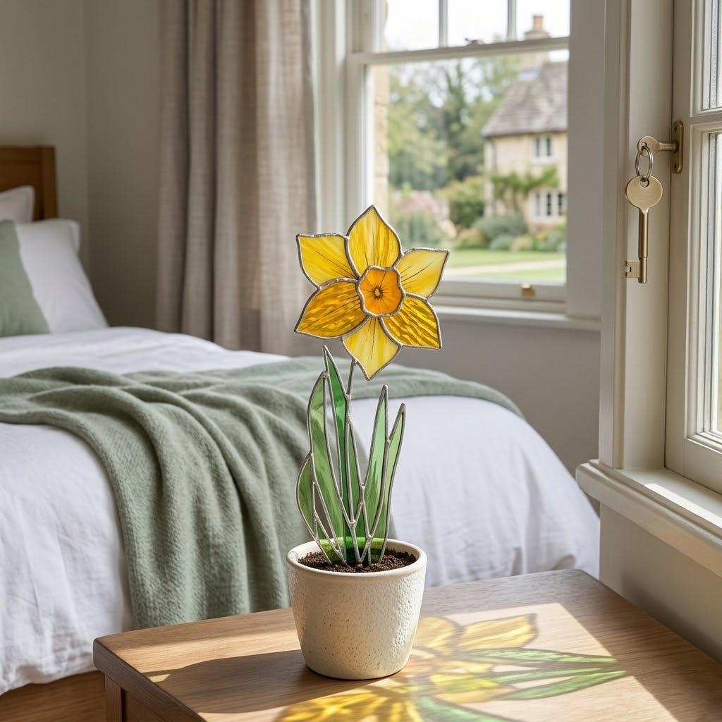 Handmade stained glass yellow daffodil flower plant stake on solid wood base, spring botanical desk decor and personalized March birth month gift for mom.