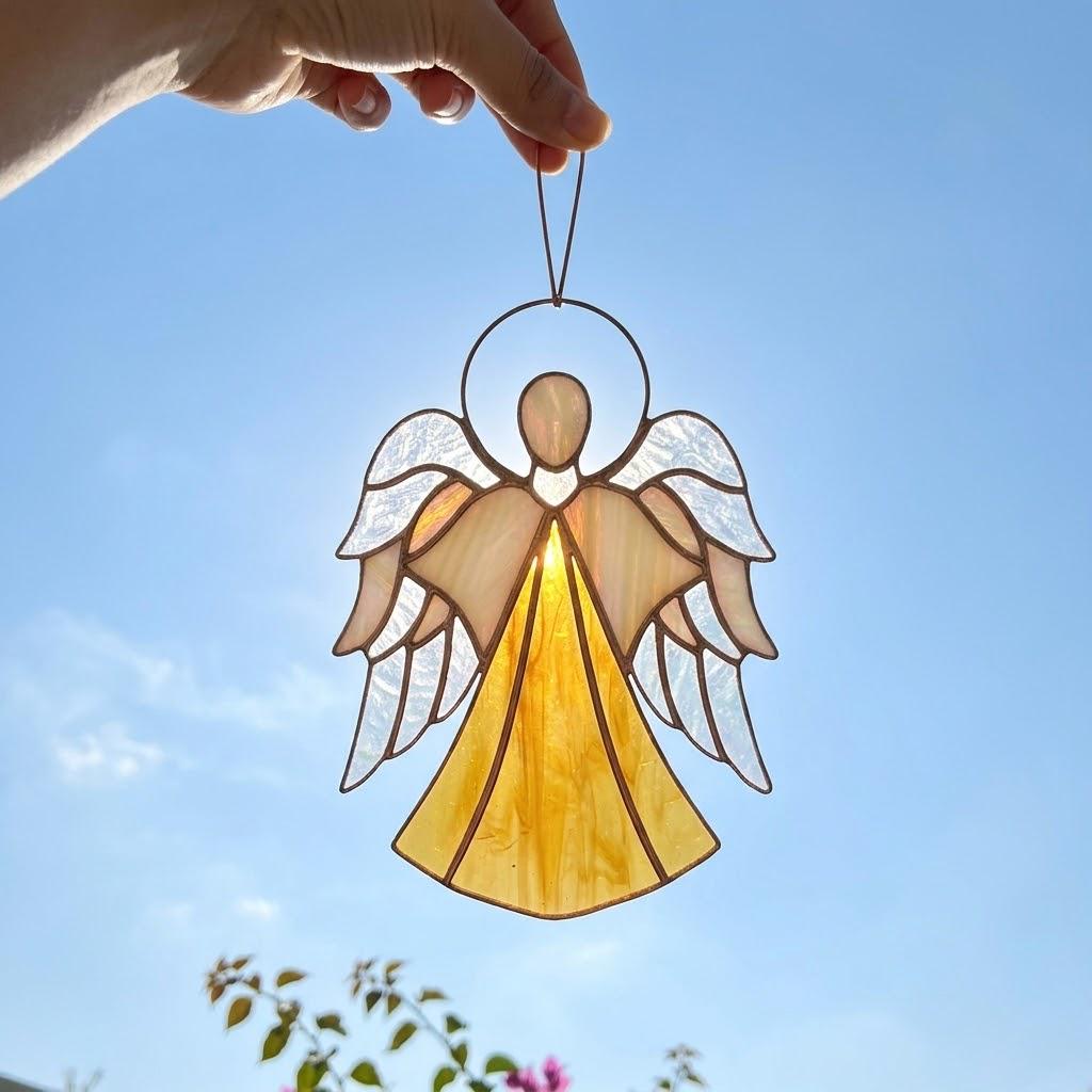 Handmade stained glass guardian angel suncatcher with amber dress and iridescent wings, premium memorial sympathy gift and christian window hanging decor.