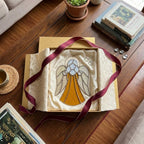 Handmade stained glass guardian angel suncatcher with amber dress and iridescent wings, premium memorial sympathy gift and christian window hanging decor.