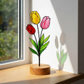 stained glass tulip,stained glass flower,wood base decor,desk accessories,mothers day gift,gift for mom,spring home decor,forever flower,floral desk decor,teacher appreciation,gift for grandma,glass art sculpture,easter gift