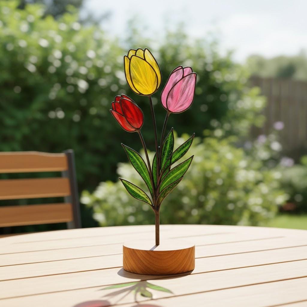 stained glass tulip,stained glass flower,wood base decor,desk accessories,mothers day gift,gift for mom,spring home decor,forever flower,floral desk decor,teacher appreciation,gift for grandma,glass art sculpture,easter gift