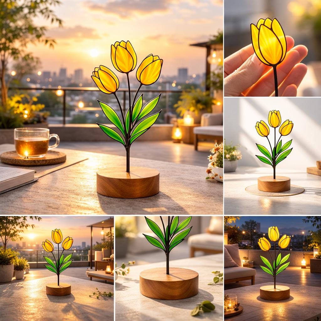 stained glass tulip,stained glass flower,wood base decor,desk accessories,mothers day gift,gift for mom,spring home decor,forever flower,floral desk decor,teacher appreciation,gift for grandma,glass art sculpture,easter gift