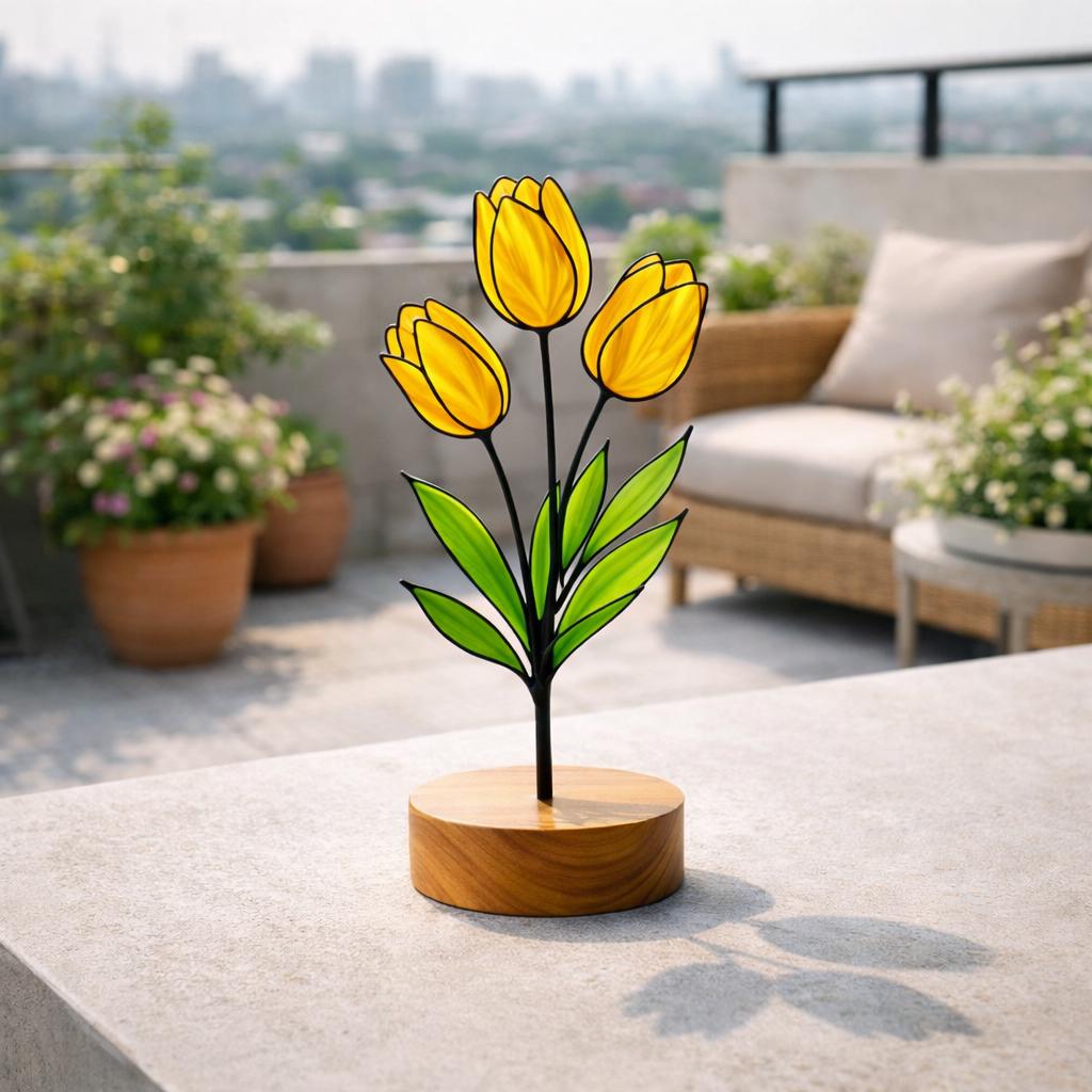 stained glass tulip,stained glass flower,wood base decor,desk accessories,mothers day gift,gift for mom,spring home decor,forever flower,floral desk decor,teacher appreciation,gift for grandma,glass art sculpture,easter gift