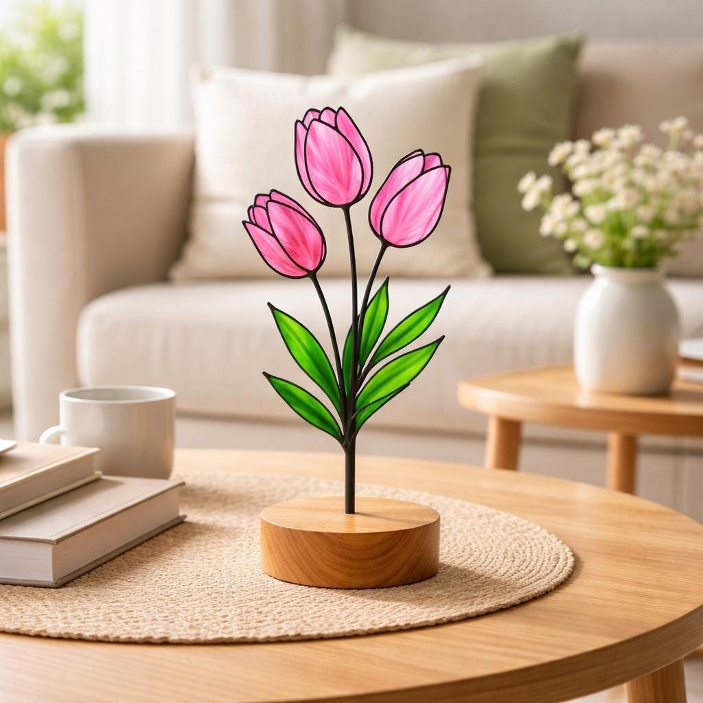 stained glass tulip,stained glass flower,wood base decor,desk accessories,mothers day gift,gift for mom,spring home decor,forever flower,floral desk decor,teacher appreciation,gift for grandma,glass art sculpture,easter gift