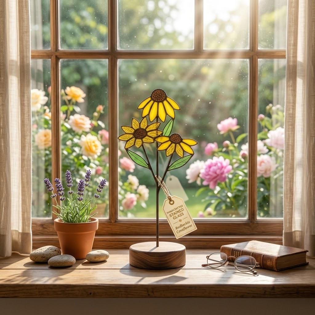 Handmade stained glass 3 stem white daisy and yellow black-eyed susan flower bouquet standing on solid wood base, botanical spring desk decor gift for Mother's day.