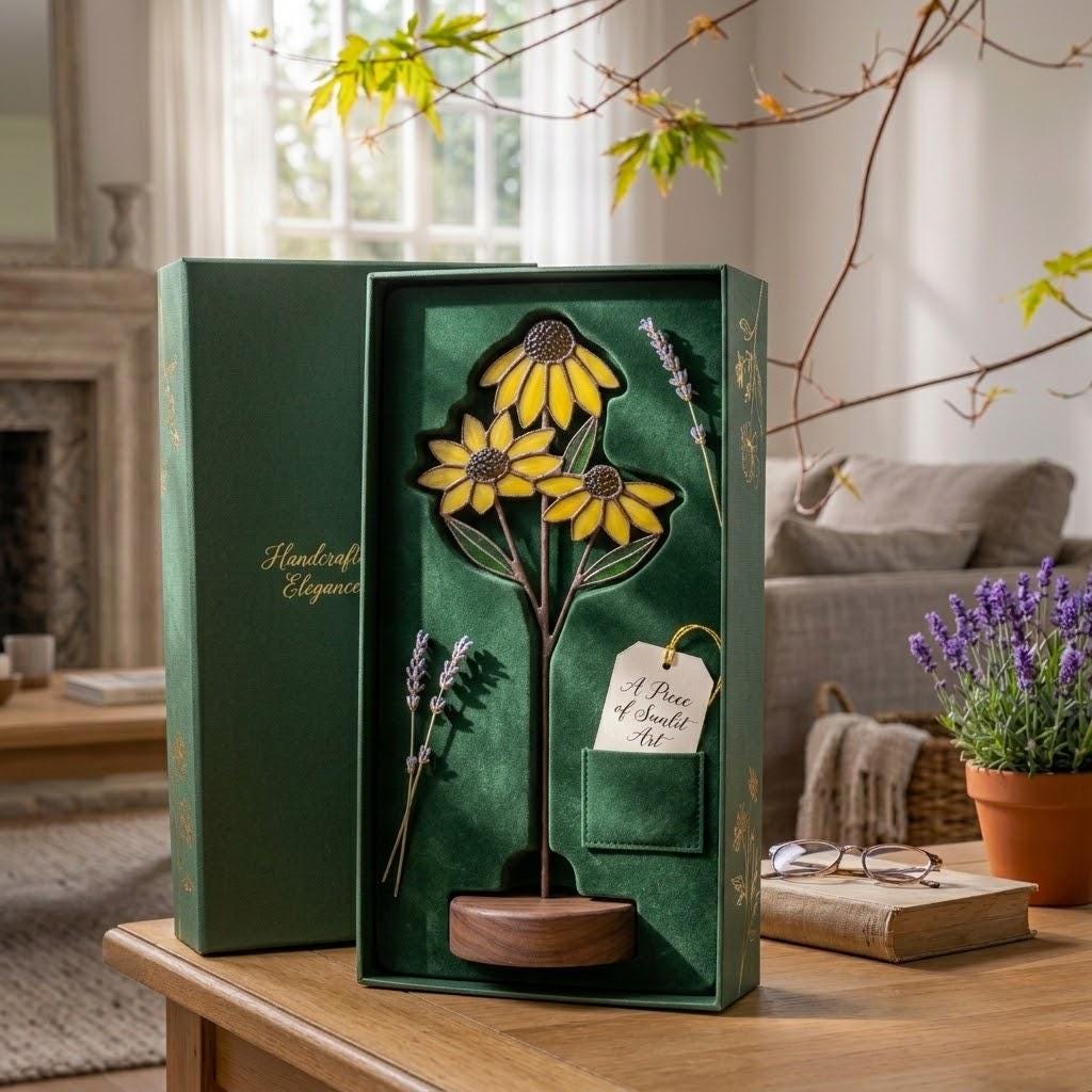 Handmade stained glass 3 stem white daisy and yellow black-eyed susan flower bouquet standing on solid wood base, botanical spring desk decor gift for Mother's day.