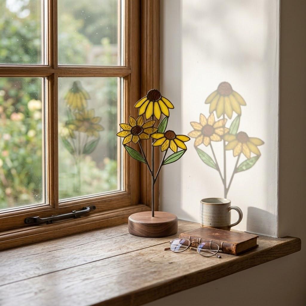 Handmade stained glass 3 stem white daisy and yellow black-eyed susan flower bouquet standing on solid wood base, botanical spring desk decor gift for Mother's day.