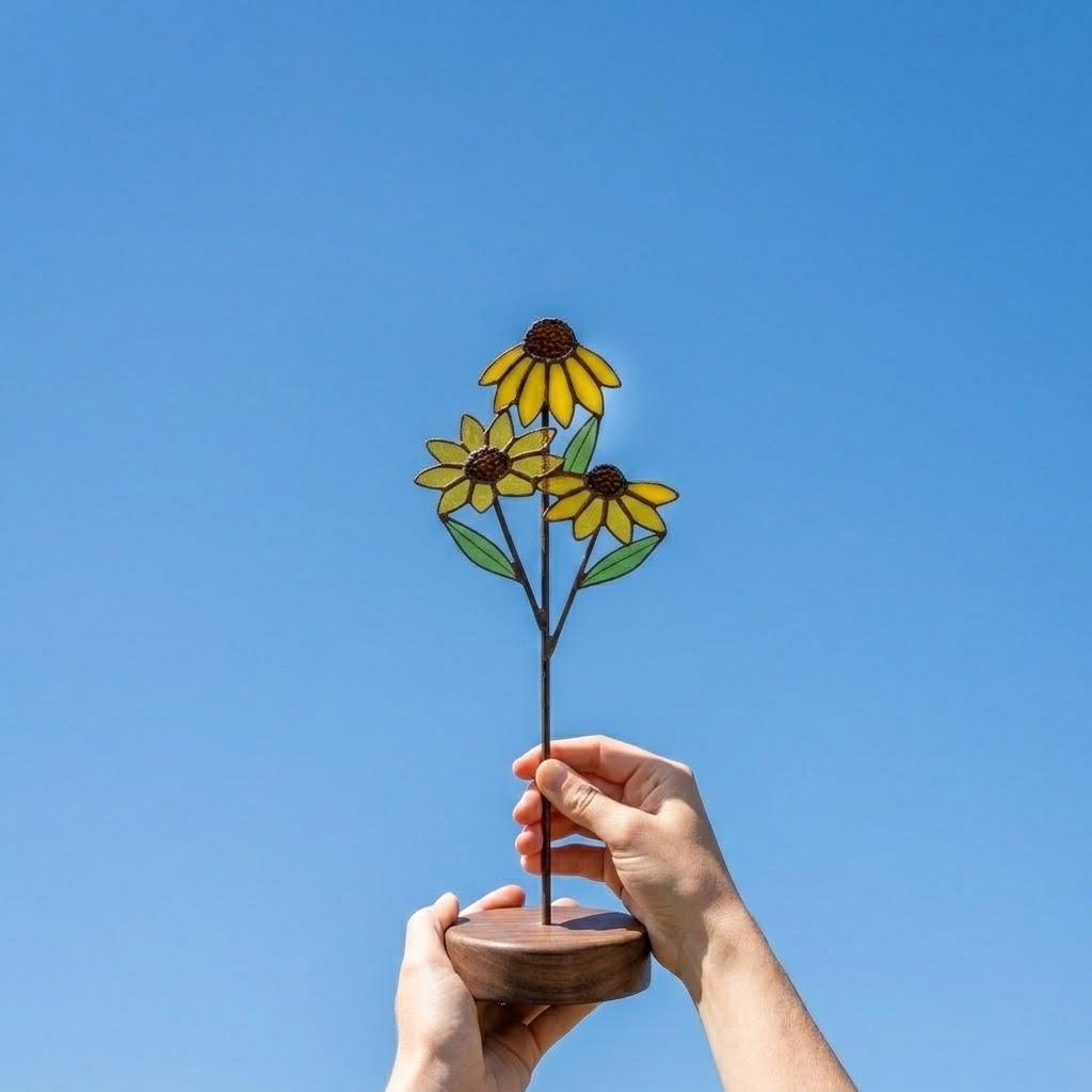 Handmade stained glass 3 stem white daisy and yellow black-eyed susan flower bouquet standing on solid wood base, botanical spring desk decor gift for Mother's day.
