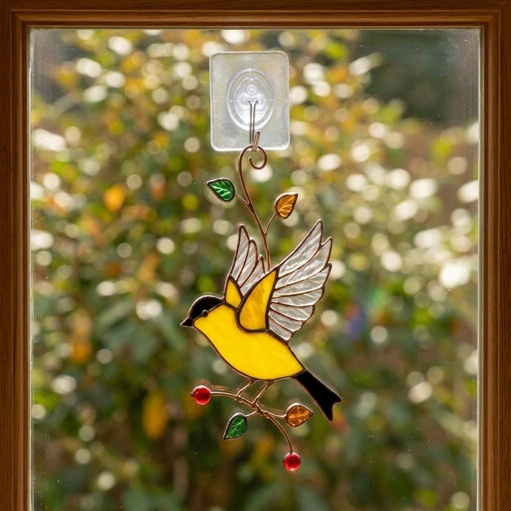 Goldfinch Stained Glass Suncatcher | Mom and Baby Yellow Bird Art | Mother's Day Gift for Mom | Spring Window Decor | Bird Watcher Gift