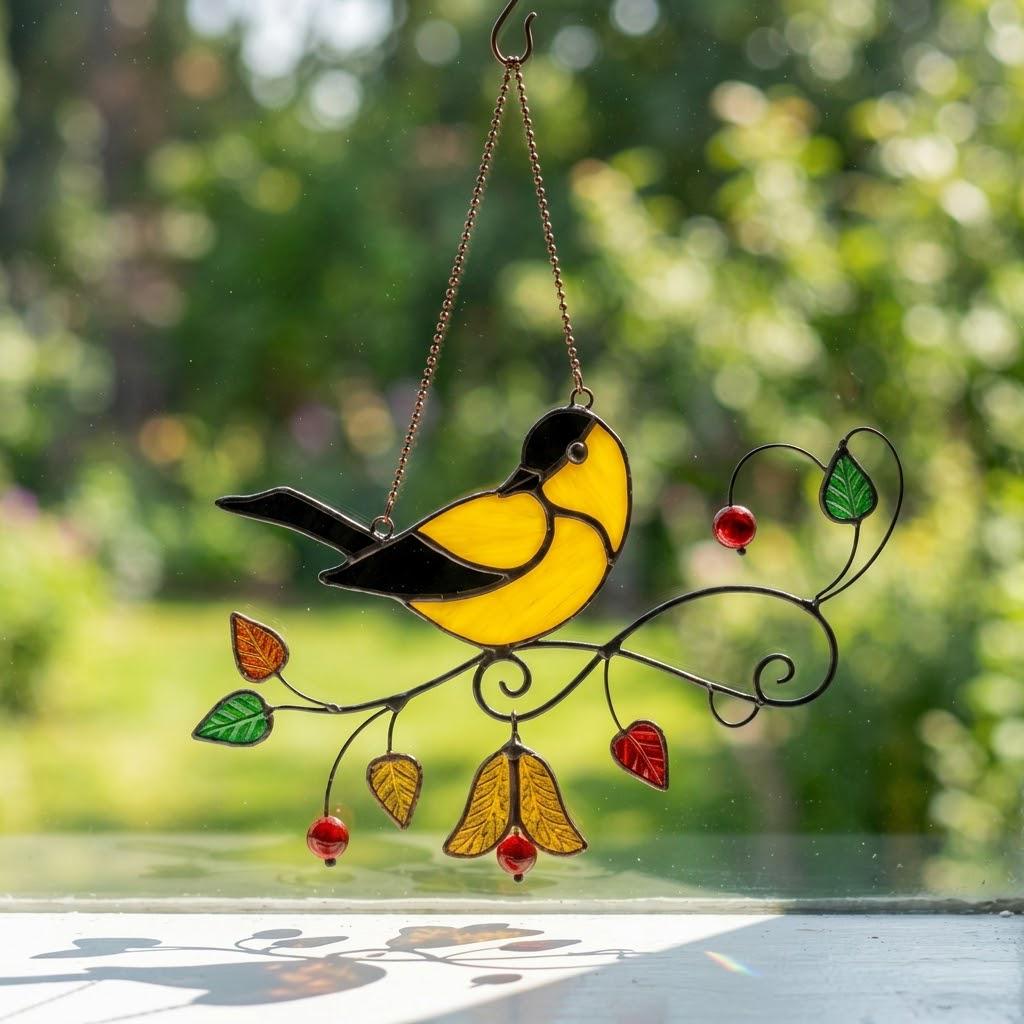 Goldfinch Stained Glass Suncatcher | Mom and Baby Yellow Bird Art | Mother's Day Gift for Mom | Spring Window Decor | Bird Watcher Gift