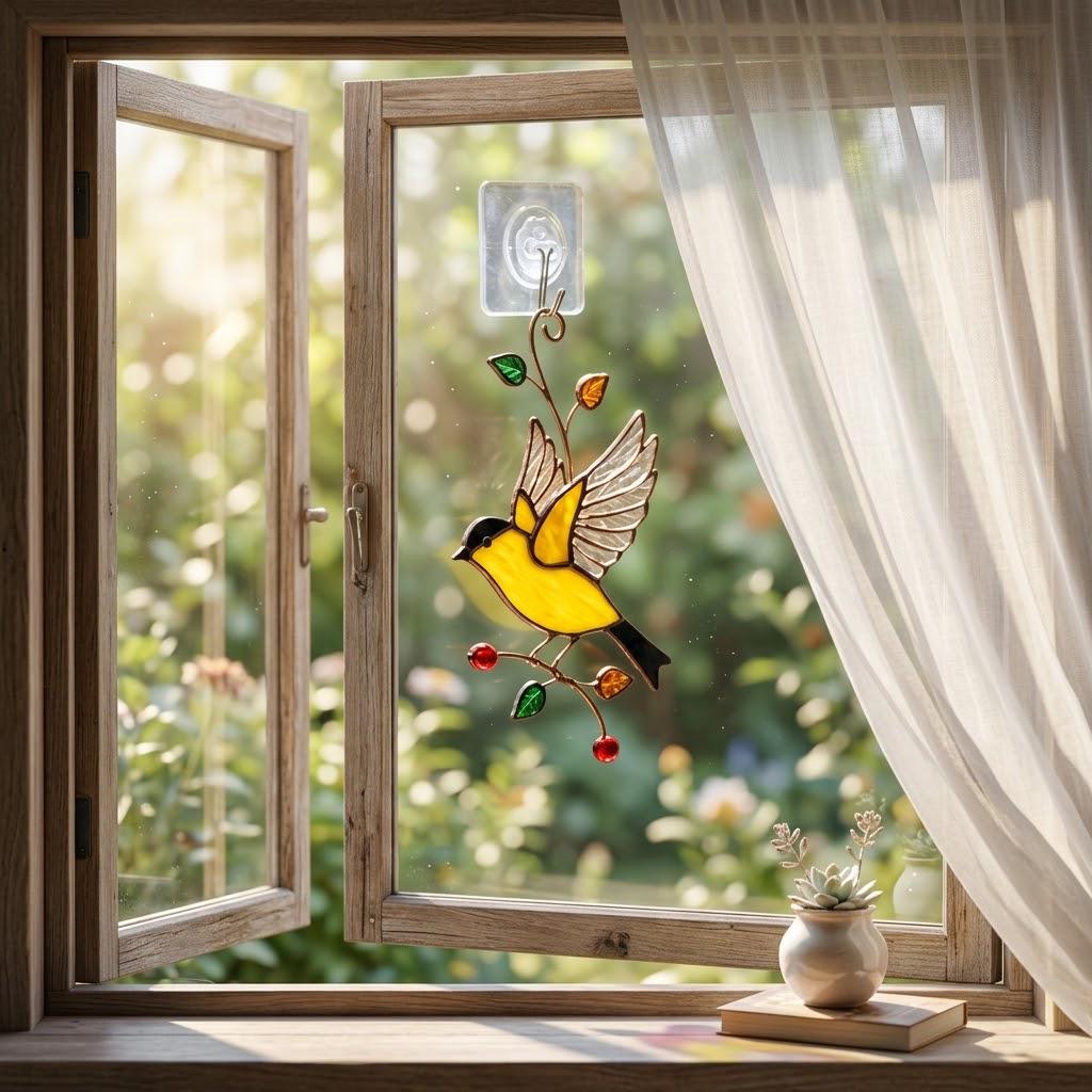 Goldfinch Stained Glass Suncatcher | Mom and Baby Yellow Bird Art | Mother's Day Gift for Mom | Spring Window Decor | Bird Watcher Gift