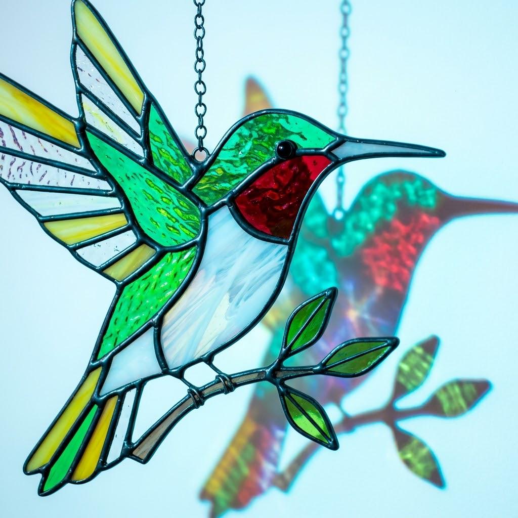 Handmade stained glass flying hummingbird and red flower hoop suncatcher, vibrant spring window hanging and memorial sympathy gift for mom.