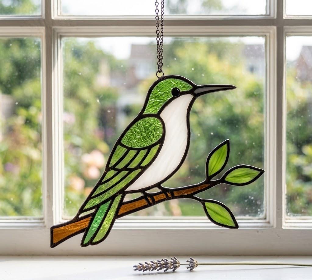 Handmade stained glass green hummingbird suncatcher window hanging, premium spring nature decor and mother's day gift packaged in luxury velvet box.
