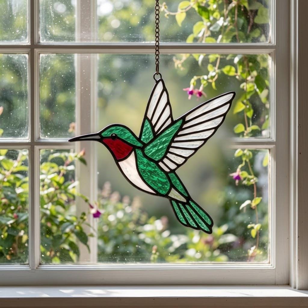 Handmade stained glass green hummingbird suncatcher window hanging, premium spring nature decor and mother's day gift packaged in luxury velvet box.