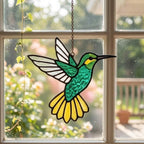 Handmade stained glass green hummingbird suncatcher window hanging, premium spring nature decor and mother's day gift packaged in luxury velvet box.