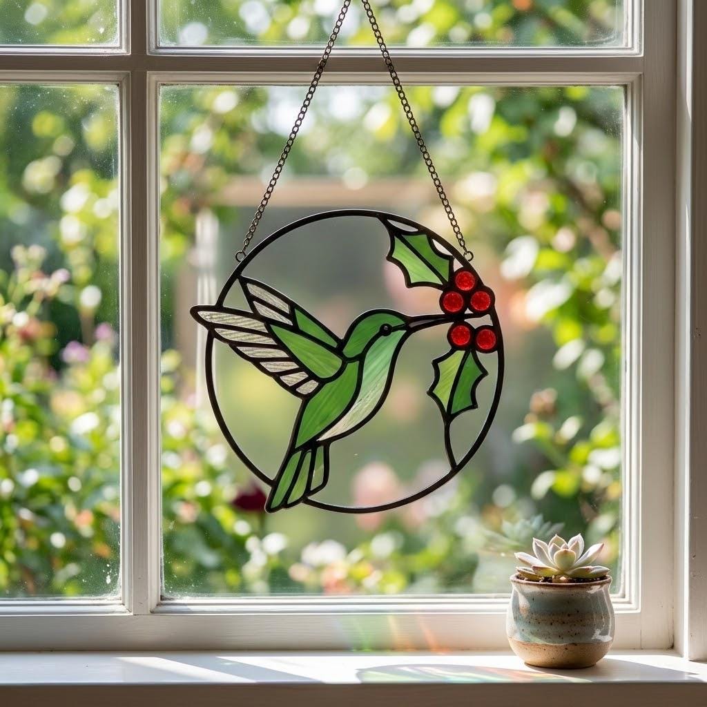 Handmade stained glass green hummingbird suncatcher window hanging, premium spring nature decor and mother's day gift packaged in luxury velvet box.