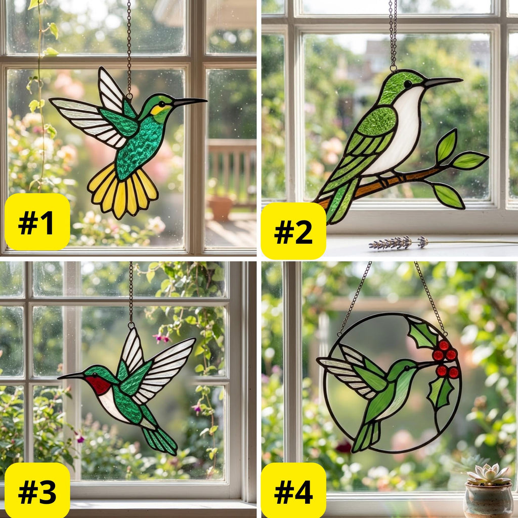 Handmade stained glass green hummingbird suncatcher window hanging, premium spring nature decor and mother's day gift packaged in luxury velvet box.