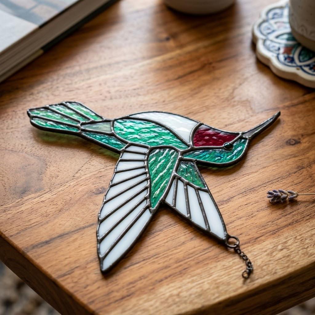 Green Hummingbird Stained Glass Suncatcher Mother's Day Gift for Mom Spring Window Decor Memorial Sympathy Bird Bird Lover Gift