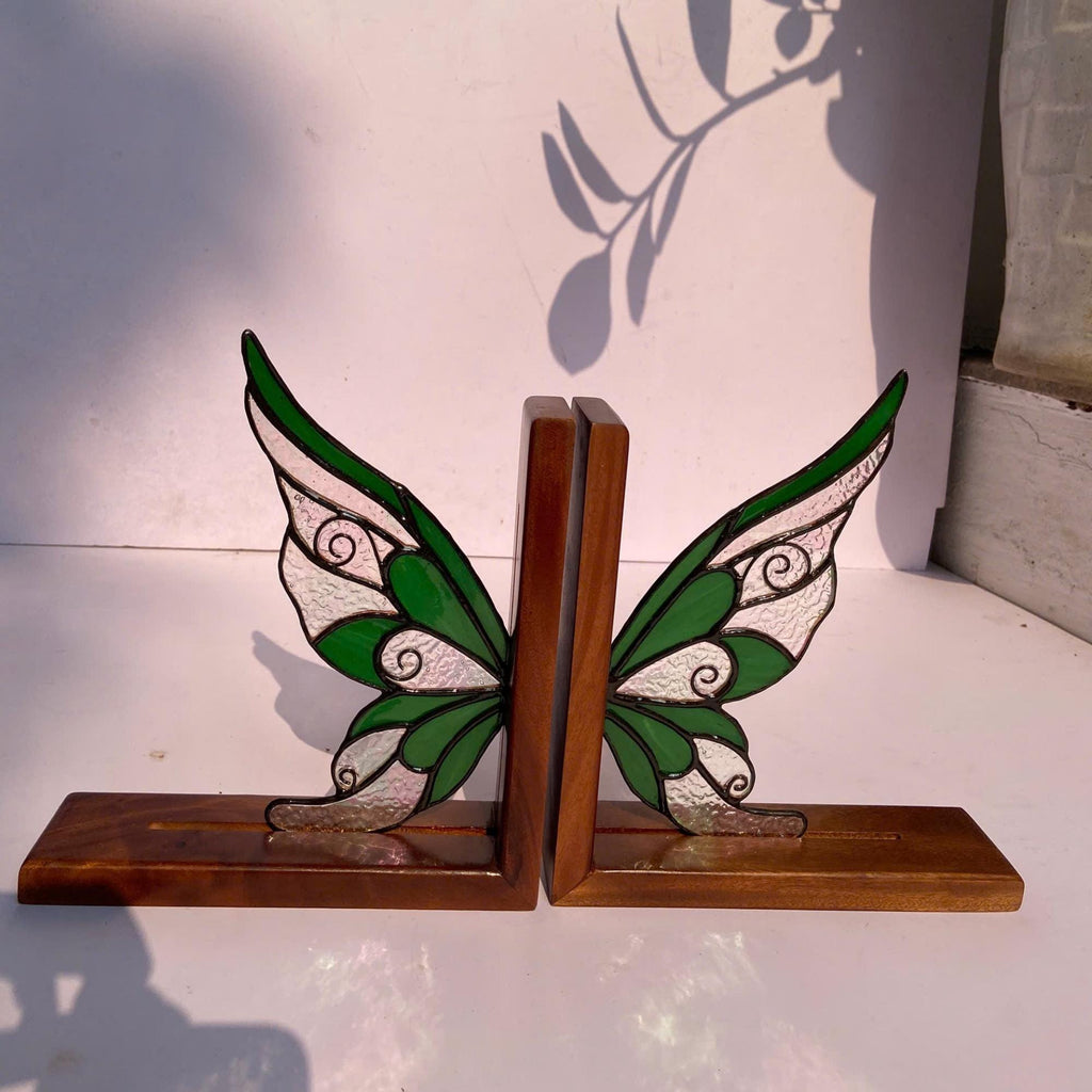 Stained Glass Fairy Wing Bookends Fairycore Room Decor Fantasy Book Lover Gift Green Woodland Elf Shelf Decor Magical Wood Base
