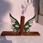 Stained Glass Fairy Wing Bookends Fairycore Room Decor Fantasy Book Lover Gift Green Woodland Elf Shelf Decor Magical Wood Base