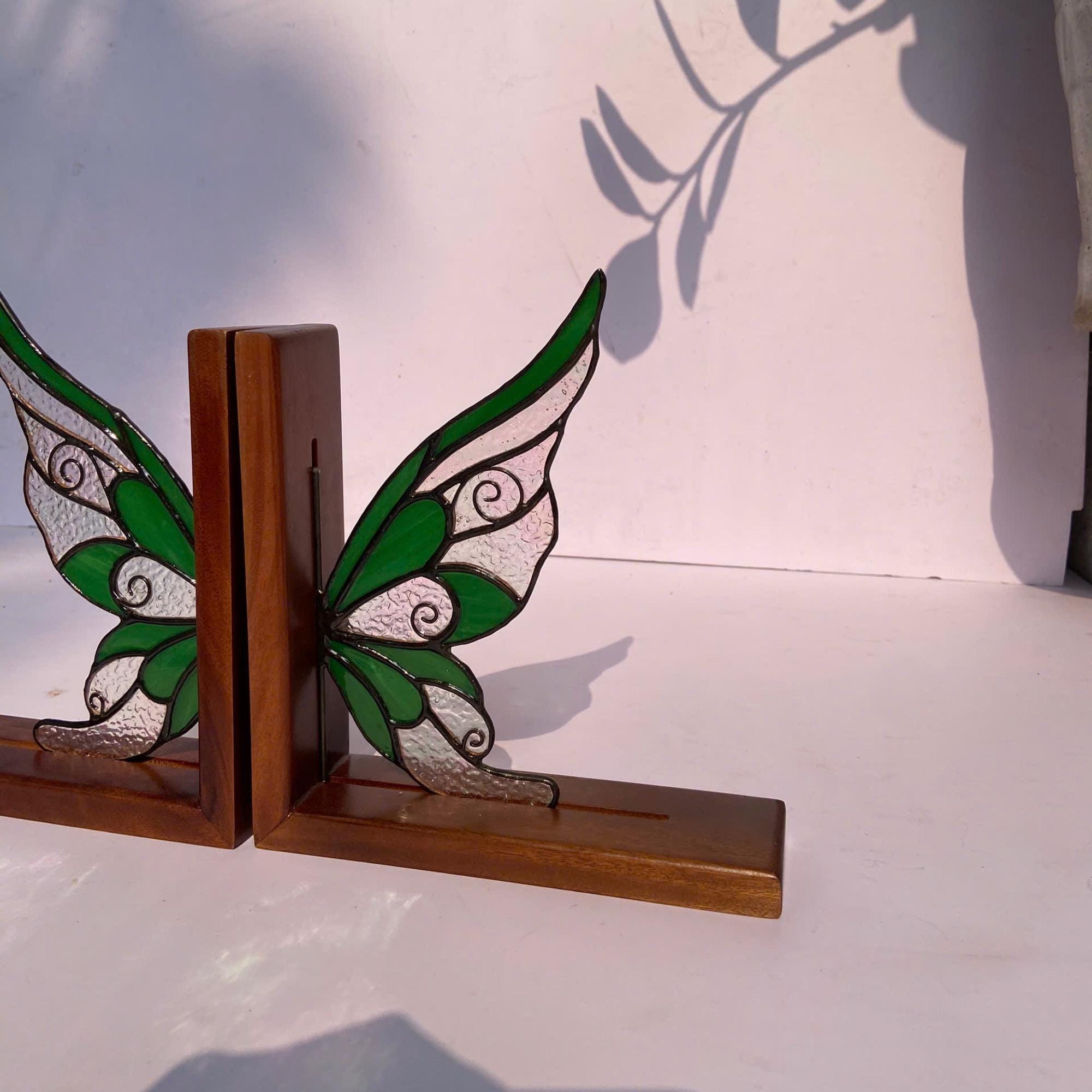 Stained Glass Fairy Wing Bookends Fairycore Room Decor Fantasy Book Lover Gift Green Woodland Elf Shelf Decor Magical Wood Base