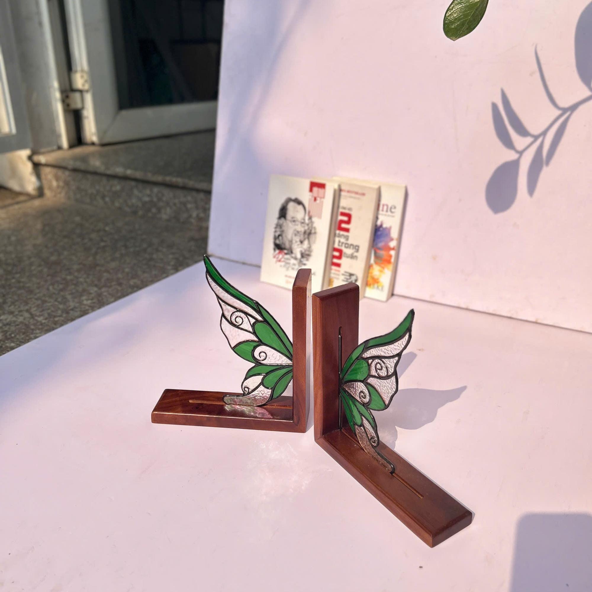 Stained Glass Fairy Wing Bookends Fairycore Room Decor Fantasy Book Lover Gift Green Woodland Elf Shelf Decor Magical Wood Base