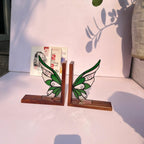 Stained Glass Fairy Wing Bookends Fairycore Room Decor Fantasy Book Lover Gift Green Woodland Elf Shelf Decor Magical Wood Base