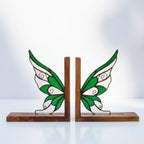 Stained Glass Fairy Wing Bookends Fairycore Room Decor Fantasy Book Lover Gift Green Woodland Elf Shelf Decor Magical Wood Base
