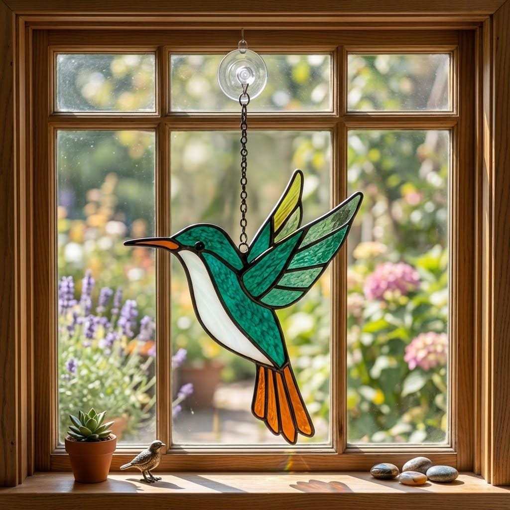 Handmade stained glass hummingbird suncatchers in colorful blue green red purple and yellow, vibrant spring window hanging and meaningful mother's day memorial gift.