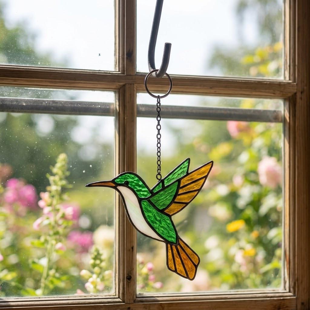 Handmade stained glass hummingbird suncatchers in colorful blue green red purple and yellow, vibrant spring window hanging and meaningful mother's day memorial gift.