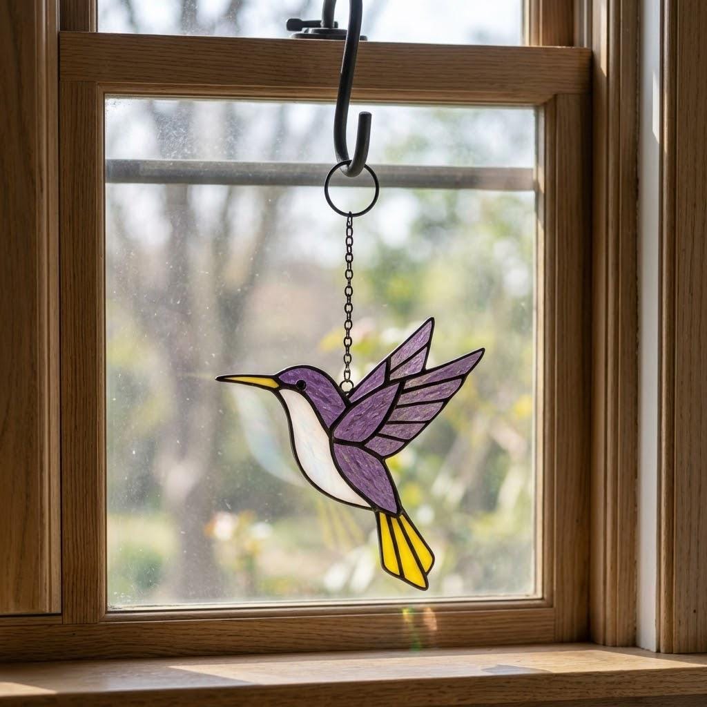 Handmade stained glass hummingbird suncatchers in colorful blue green red purple and yellow, vibrant spring window hanging and meaningful mother's day memorial gift.