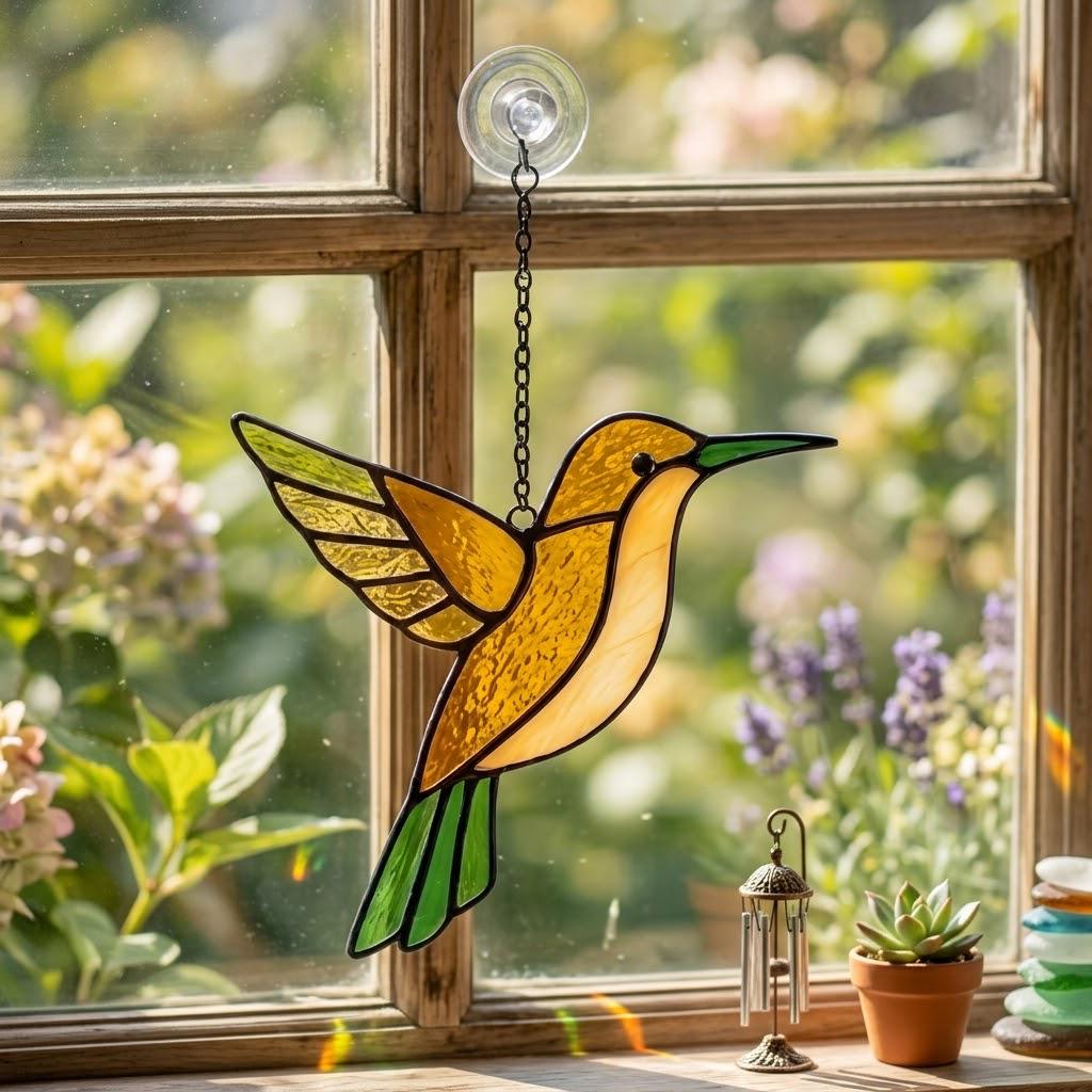Handmade stained glass hummingbird suncatchers in colorful blue green red purple and yellow, vibrant spring window hanging and meaningful mother's day memorial gift.