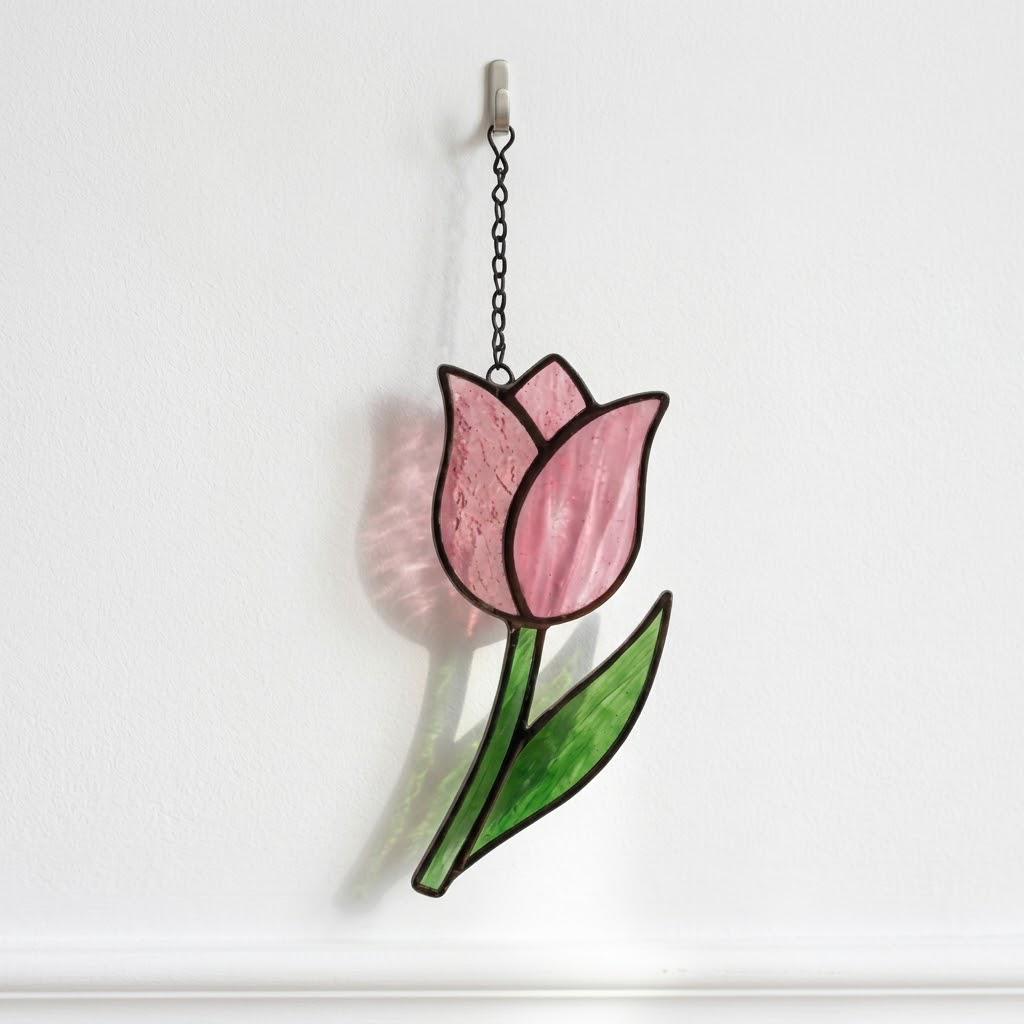 Stained Glass Tulip Suncatcher Spring Window Decor Flower Mother's Day Gift for Mom Romantic Anniversary Wife Botanical Glass Art