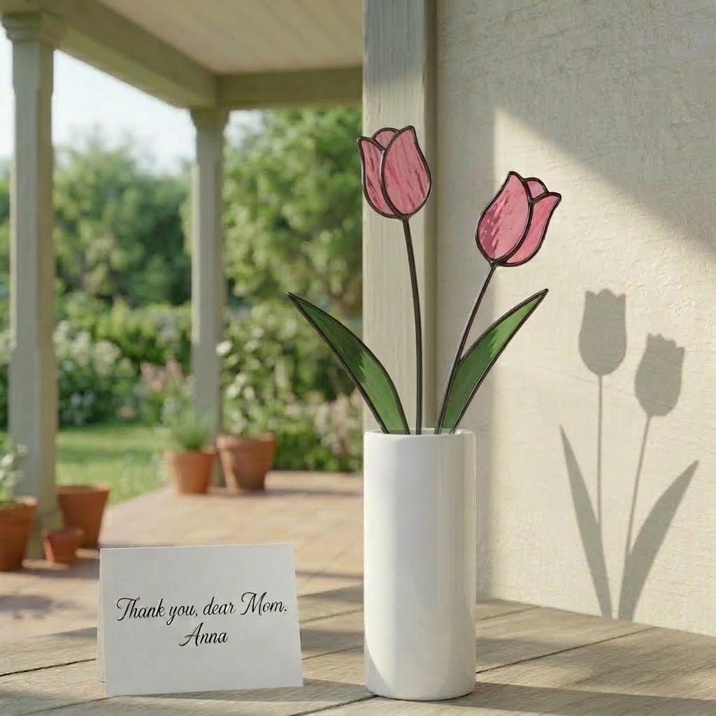 Handmade stained glass tulip flower stems arranged in a vase, custom forever bouquet colorful spring decor and personalized Mother's Day gift for mom.