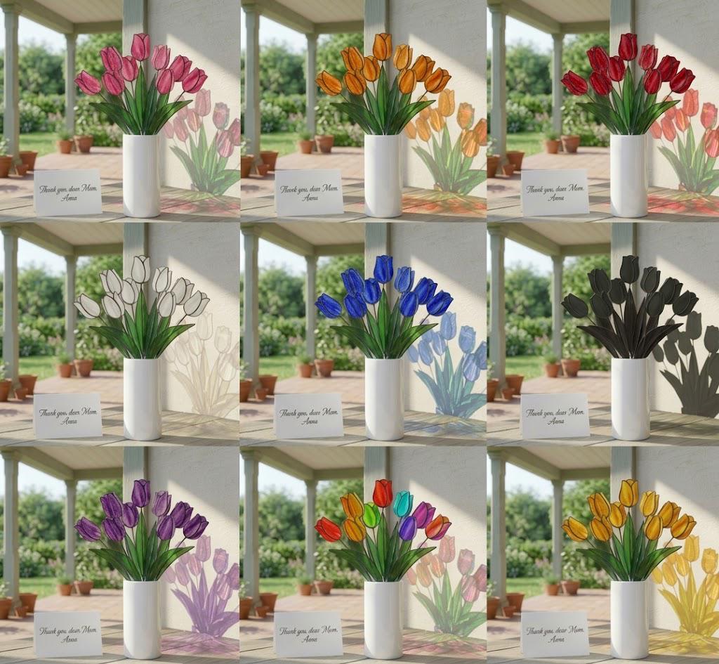 Handmade stained glass tulip flower stems arranged in a vase, custom forever bouquet colorful spring decor and personalized Mother's Day gift for mom.