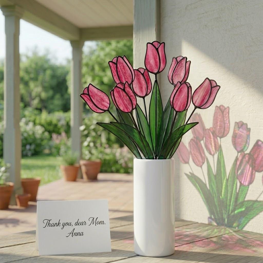 Handmade stained glass tulip flower stems arranged in a vase, custom forever bouquet colorful spring decor and personalized Mother's Day gift for mom.