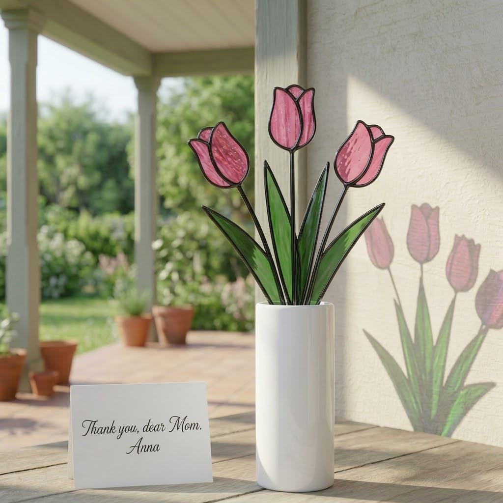 Handmade stained glass tulip flower stems arranged in a vase, custom forever bouquet colorful spring decor and personalized Mother's Day gift for mom.