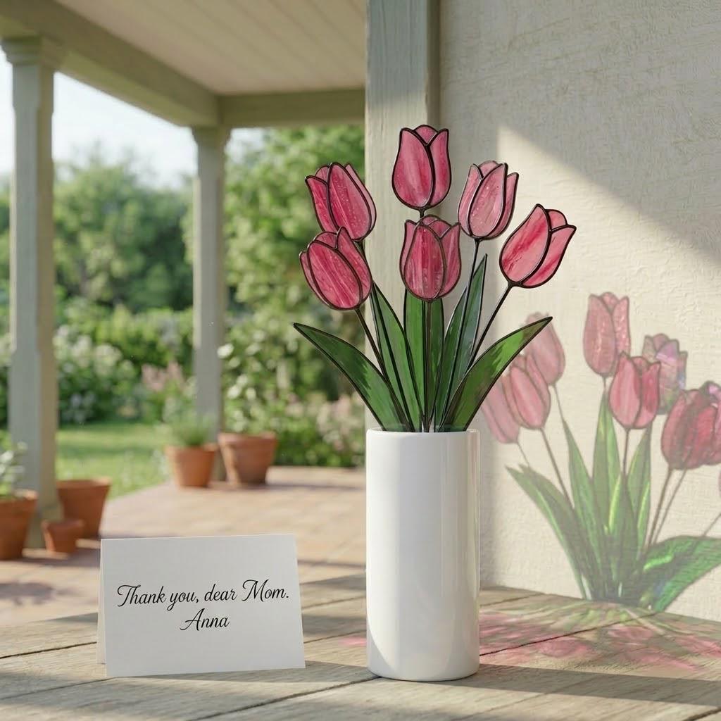 Handmade stained glass tulip flower stems arranged in a vase, custom forever bouquet colorful spring decor and personalized Mother's Day gift for mom.