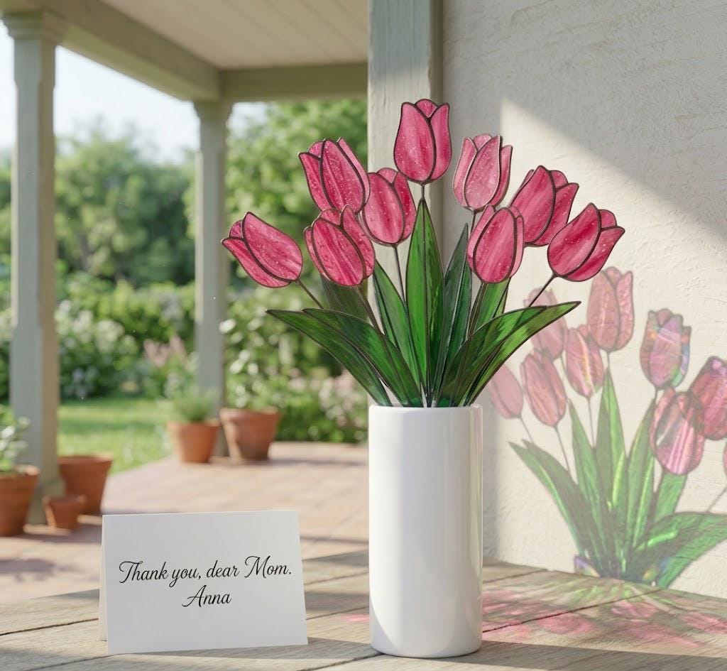 Handmade stained glass tulip flower stems arranged in a vase, custom forever bouquet colorful spring decor and personalized Mother's Day gift for mom.