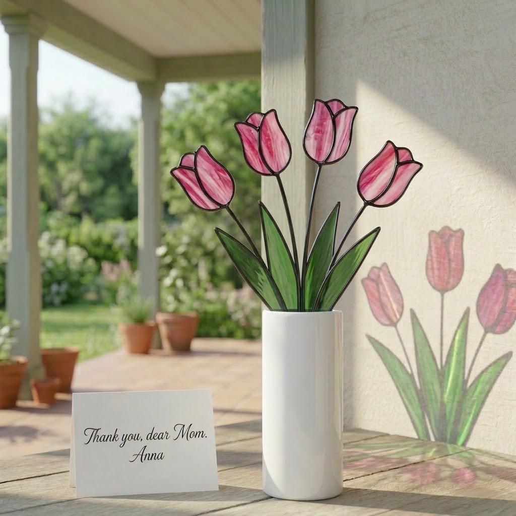 Handmade stained glass tulip flower stems arranged in a vase, custom forever bouquet colorful spring decor and personalized Mother's Day gift for mom.