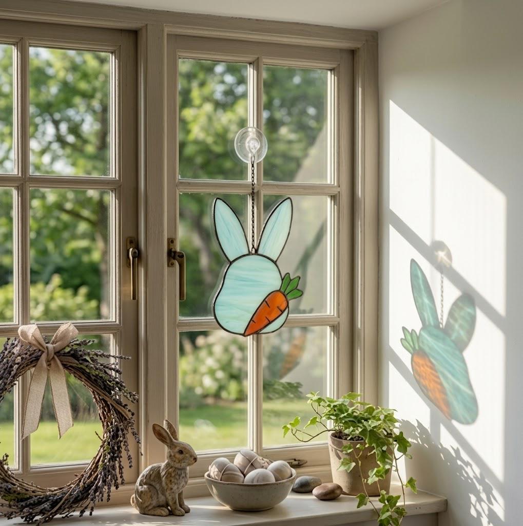 Handmade stained glass cute bunny rabbit suncatcher in iridescent pastel colors, perfect easter window decor and spring nursery room wall hanging gift.