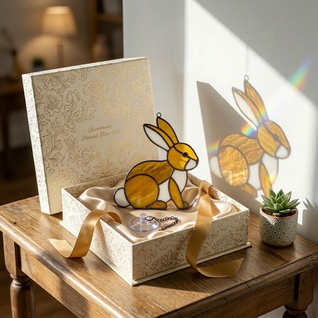 Handmade stained glass cute bunny rabbit suncatcher in iridescent pastel colors, perfect easter window decor and spring nursery room wall hanging gift.