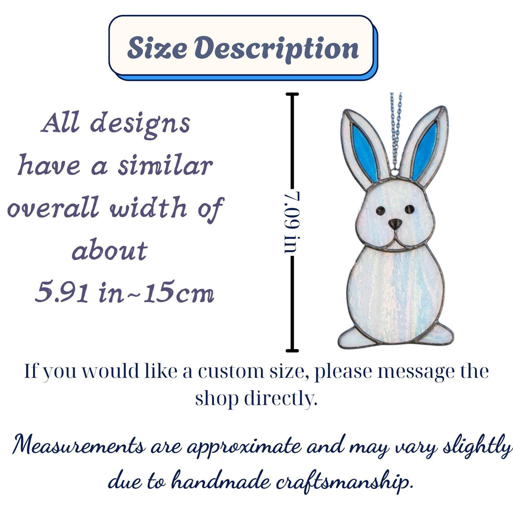 Handmade stained glass cute bunny rabbit suncatcher in iridescent pastel colors, perfect easter window decor and spring nursery room wall hanging gift.
