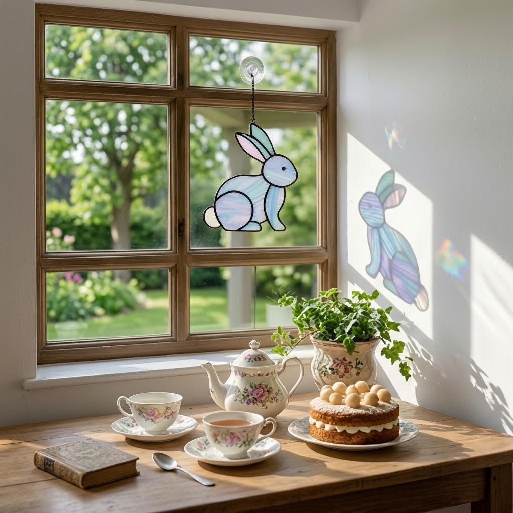 Handmade stained glass cute bunny rabbit suncatcher in iridescent pastel colors, perfect easter window decor and spring nursery room wall hanging gift.