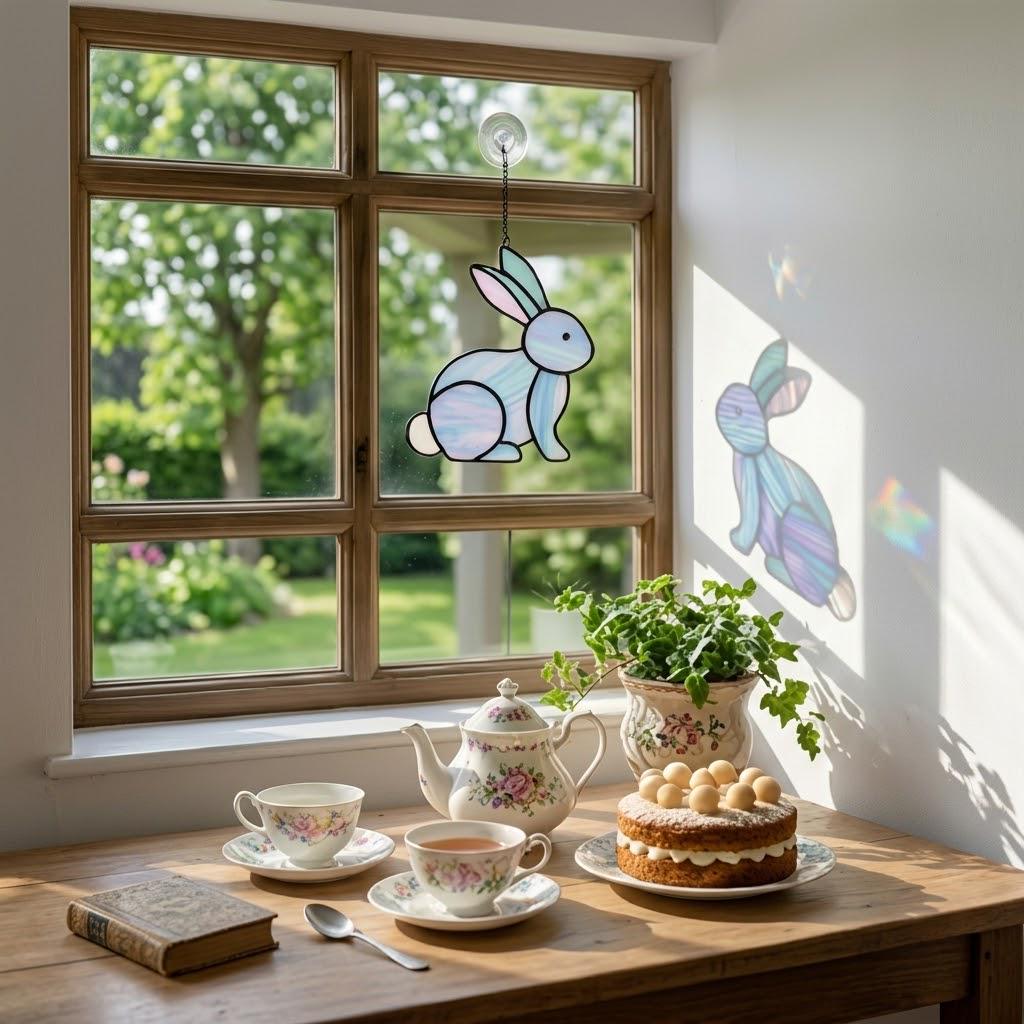 Handmade stained glass cute bunny rabbit suncatcher in iridescent pastel colors, perfect easter window decor and spring nursery room wall hanging gift.