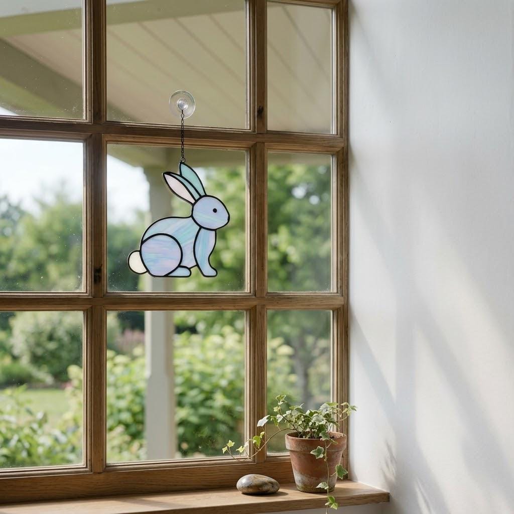 Handmade stained glass cute bunny rabbit suncatcher in iridescent pastel colors, perfect easter window decor and spring nursery room wall hanging gift.