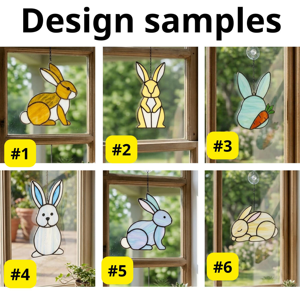 Handmade stained glass cute bunny rabbit suncatcher in iridescent pastel colors, perfect easter window decor and spring nursery room wall hanging gift.